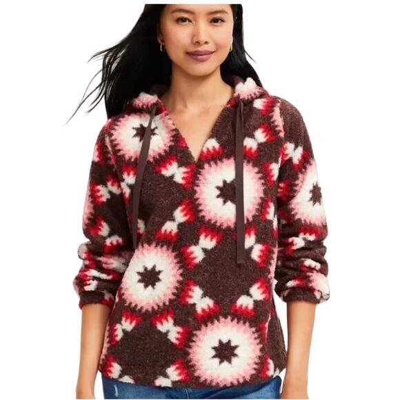 NWT LOFT Chocolate Brown, Red, Pink & Cream Sunburst Sherpa Hoodie - Picture 4 of 10